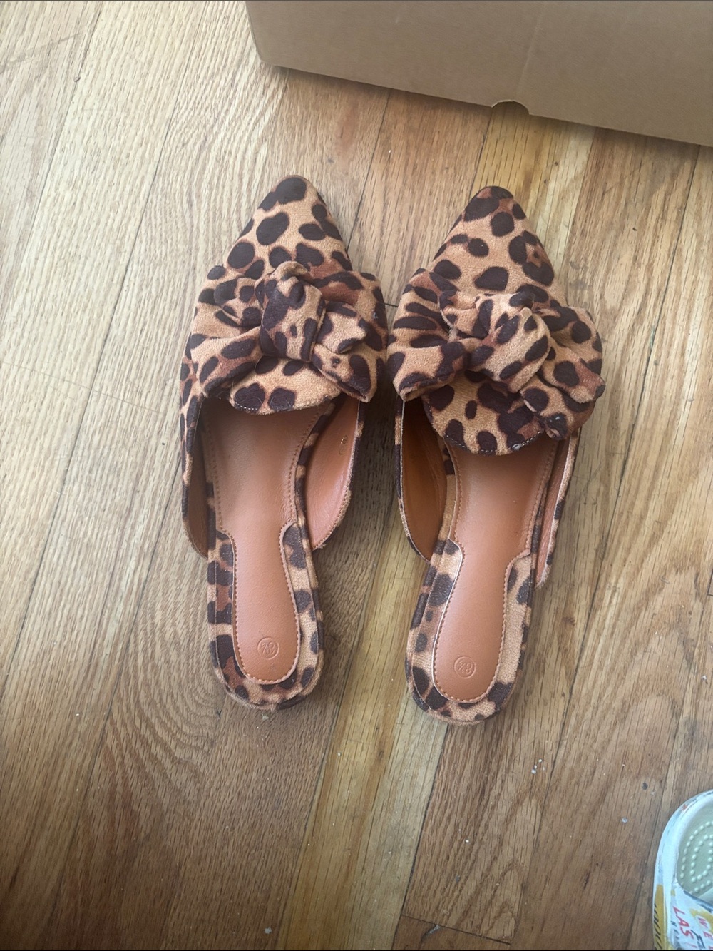 Leopard Print Bow Pointed Toe Slip-On Mules - Brown